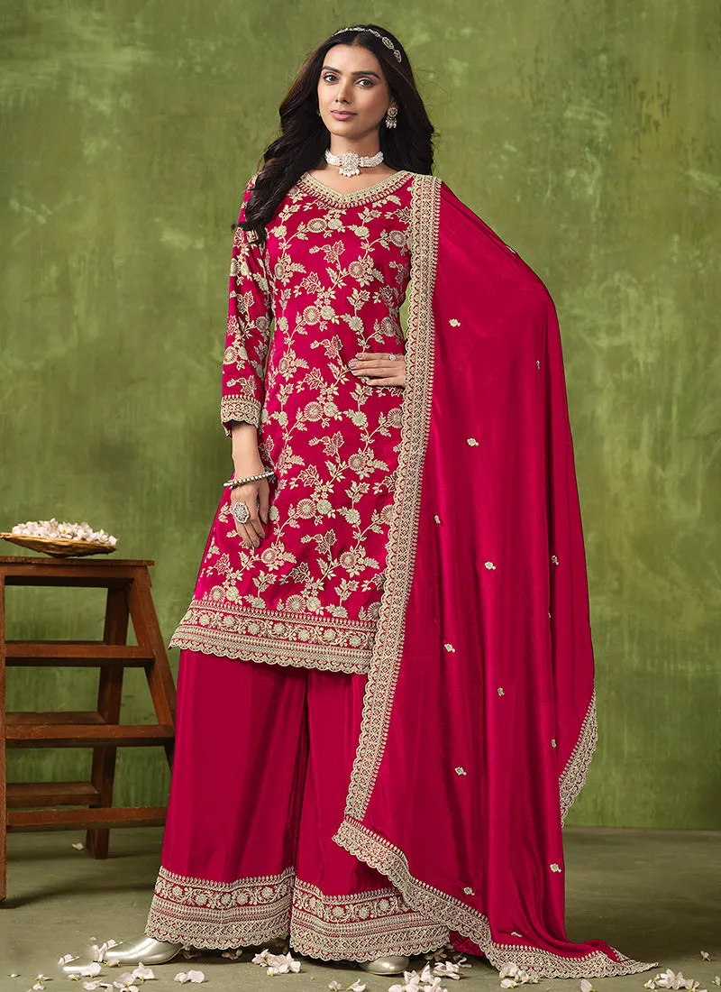 Rani Pink Reshamkari Embroidery Designer Palazzo Suit