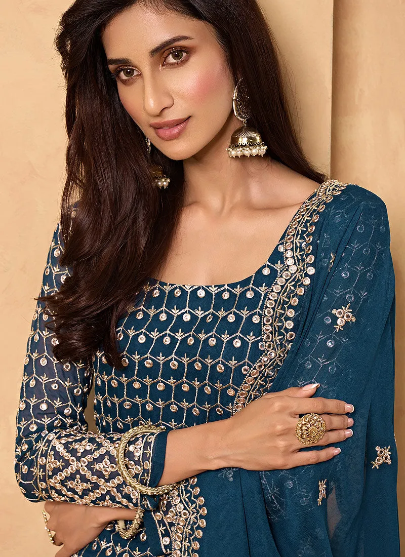 Royal Blue Embroidered Georgette Sharara Suit