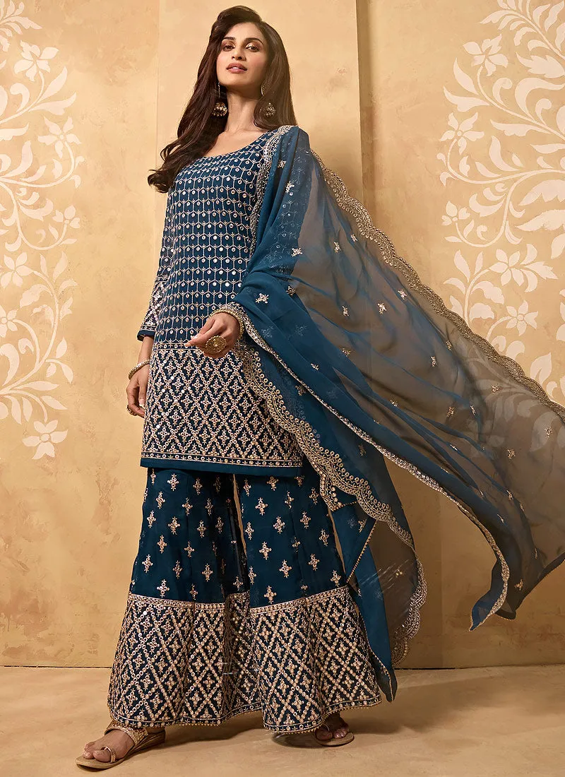 Royal Blue Embroidered Georgette Sharara Suit