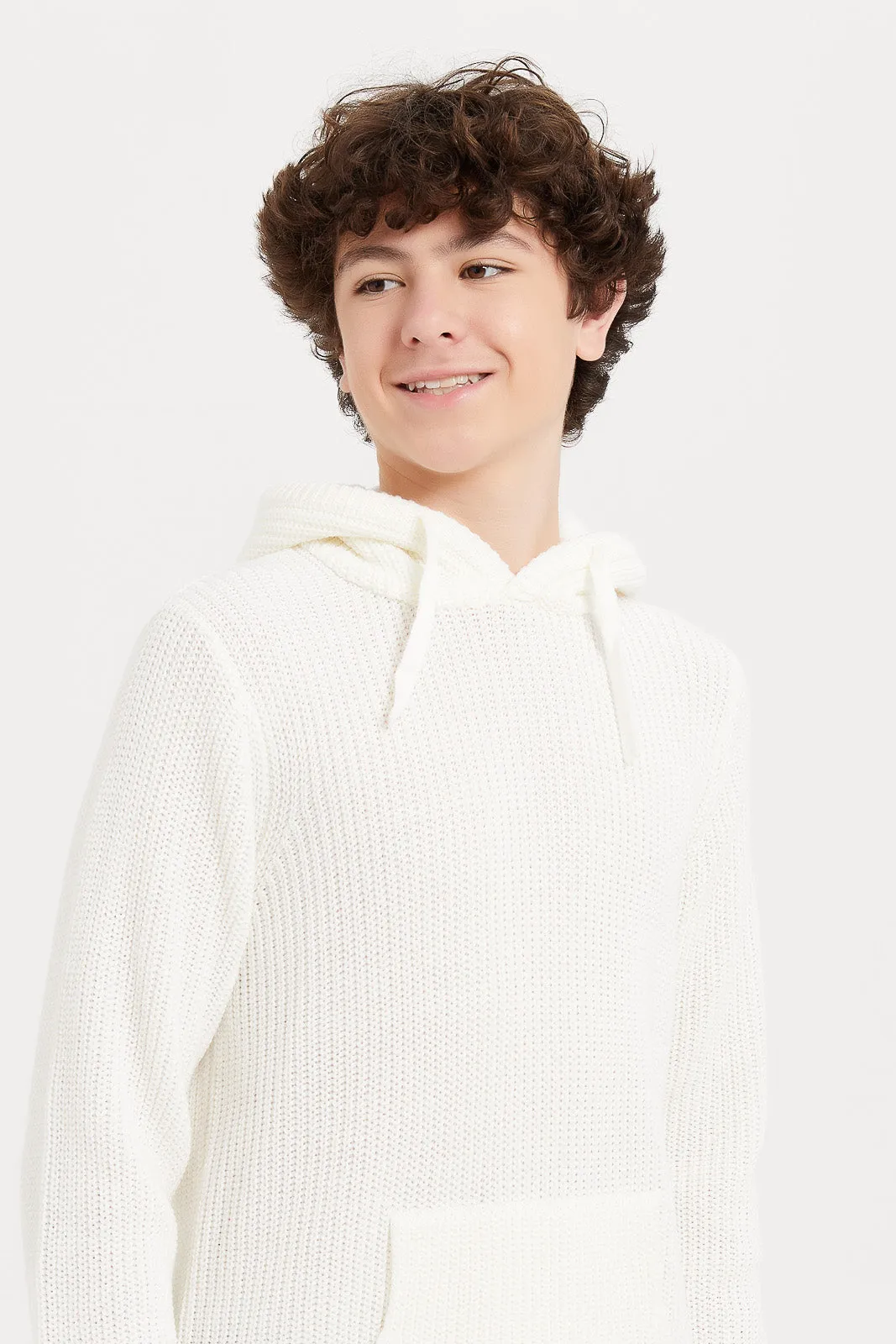 Senior Boys White Knitted Hooded Pullover