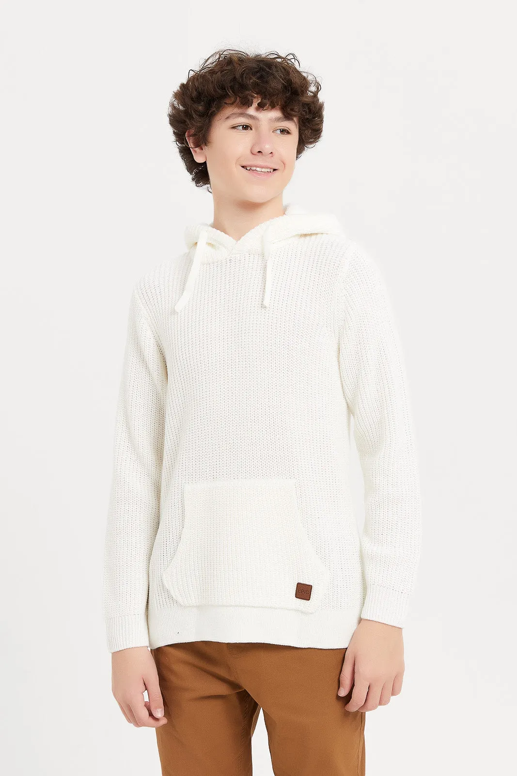 Senior Boys White Knitted Hooded Pullover