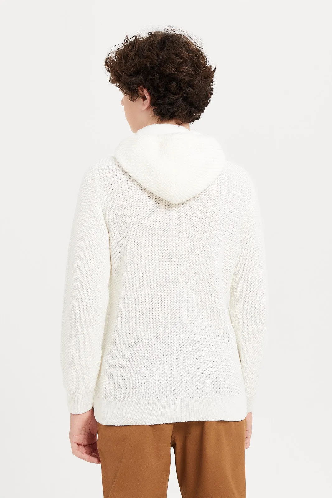 Senior Boys White Knitted Hooded Pullover