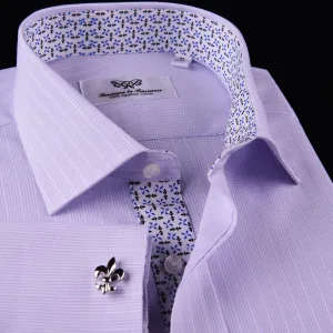 Soft Purple Pink Designer Checkered Dress Shirt Windmill Formal Floral Business in French Cuffs with Spread Collar