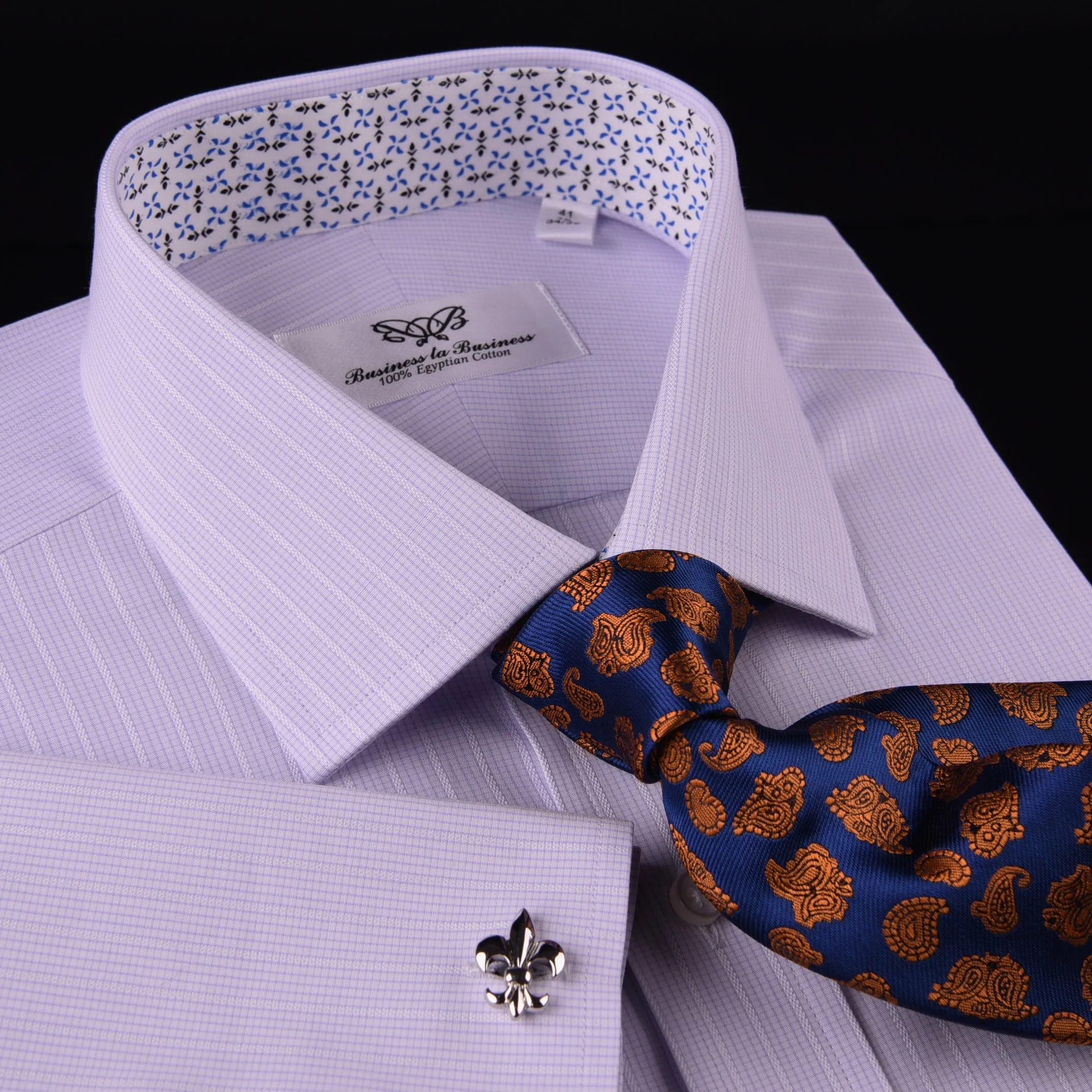 Soft Purple Pink Designer Checkered Dress Shirt Windmill Formal Floral Business in French Cuffs with Spread Collar