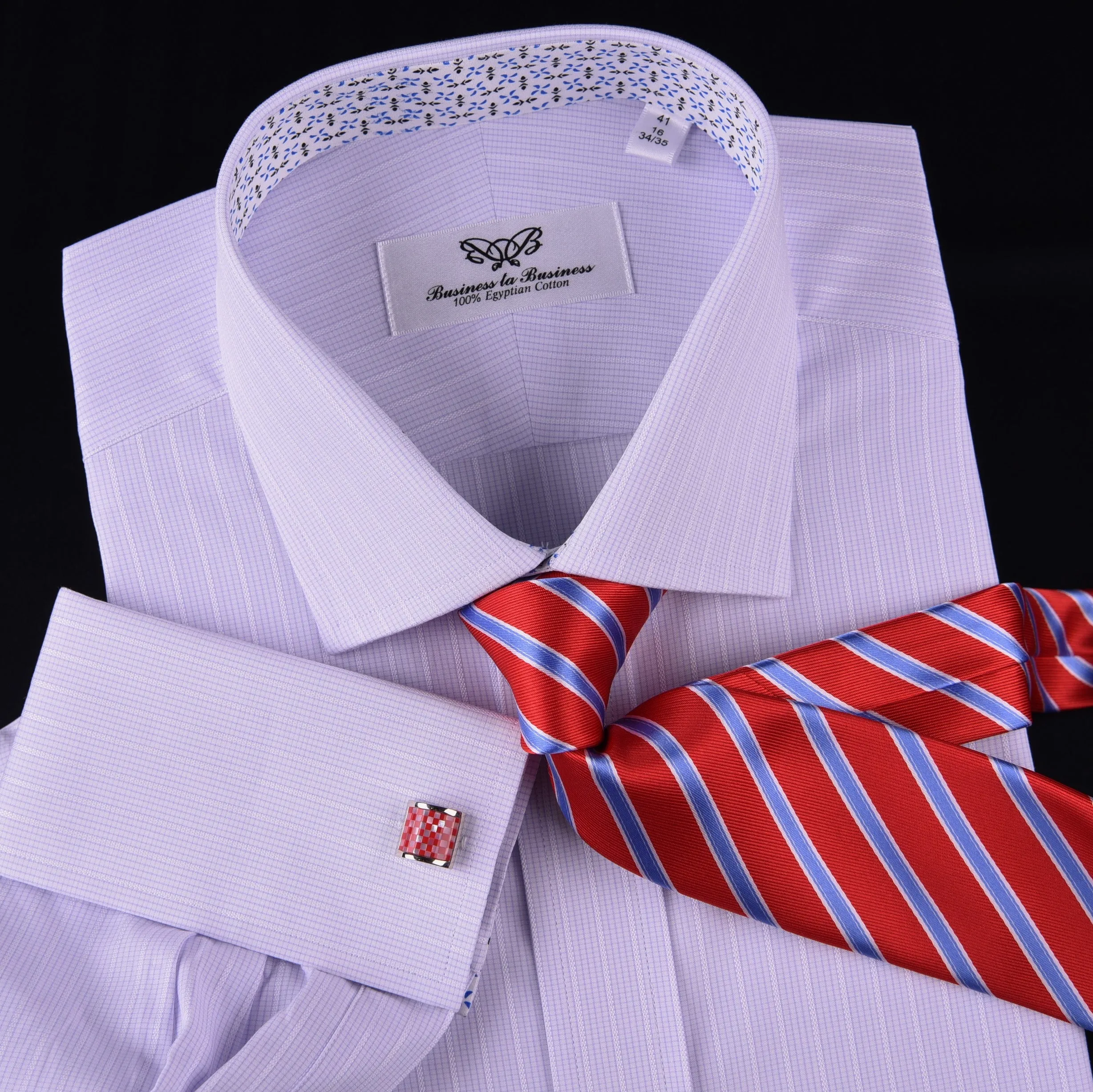 Soft Purple Pink Designer Checkered Dress Shirt Windmill Formal Floral Business in French Cuffs with Spread Collar