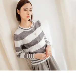 STRIPED KNIT TUNIC ROUND NECK LONG SLEEVE TOPS