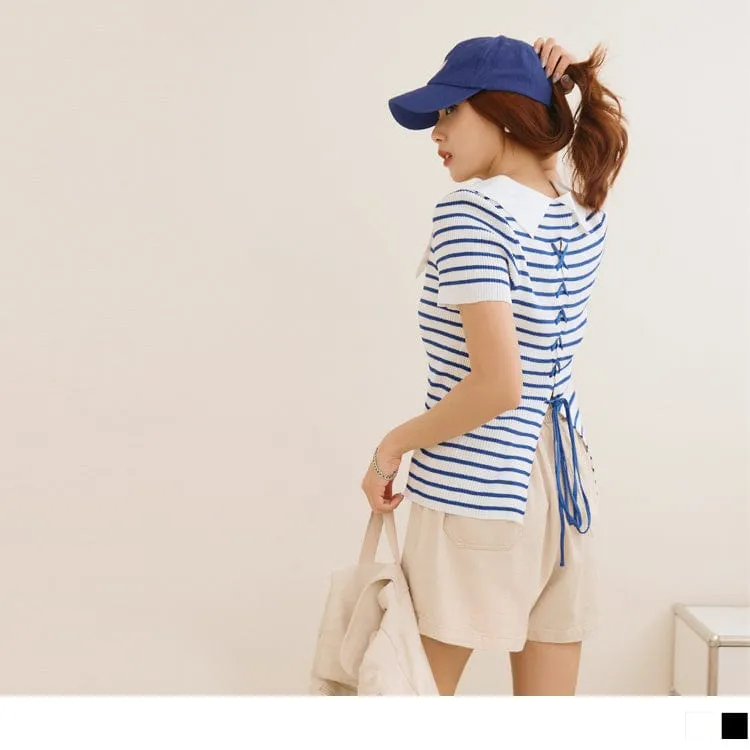 STRIPED PIT STRIPE V-NECK SHORT SLEEVE TOPS