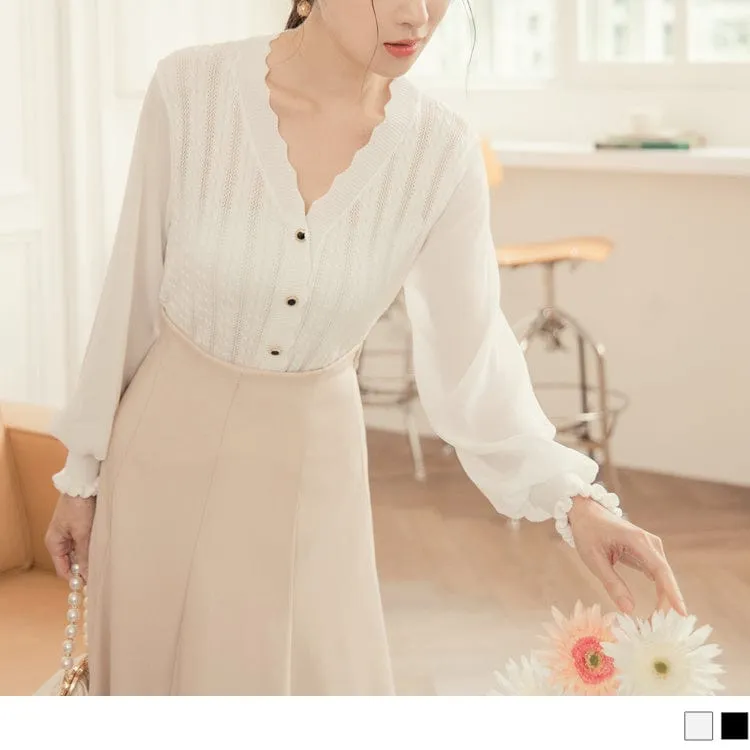 TRANSPARENT V-NECK PUFF SLEEVE LONG SLEEVE TOPS