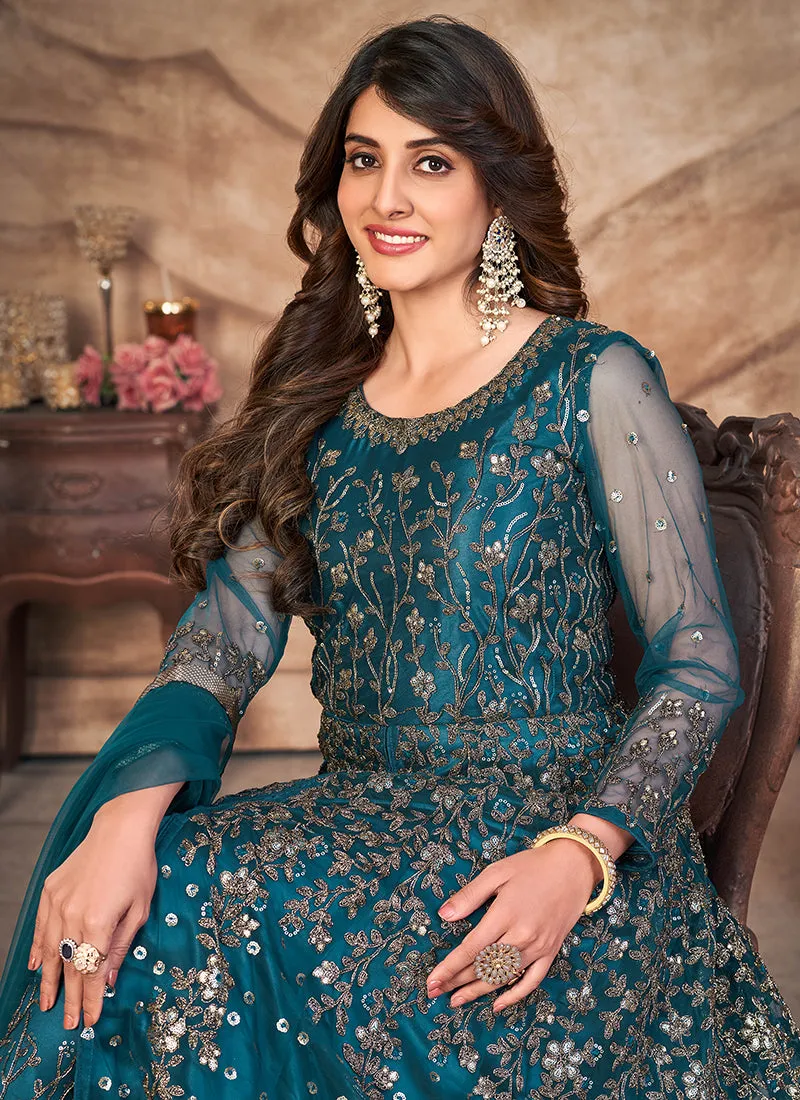 Turquoise Embroidered Slit Style Anarkali Pant Suit