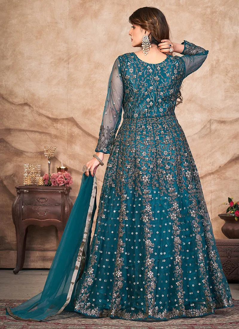 Turquoise Embroidered Slit Style Anarkali Pant Suit