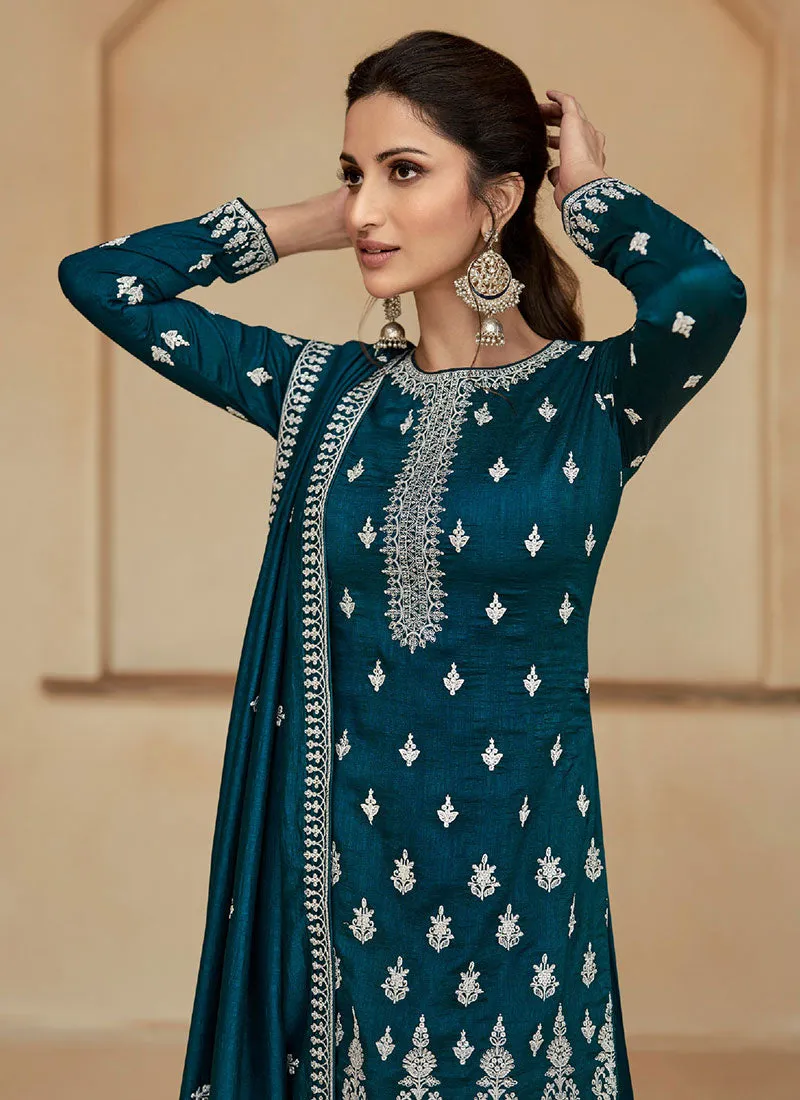 Turquoise Multi Embroidery Wedding Sharara Suit