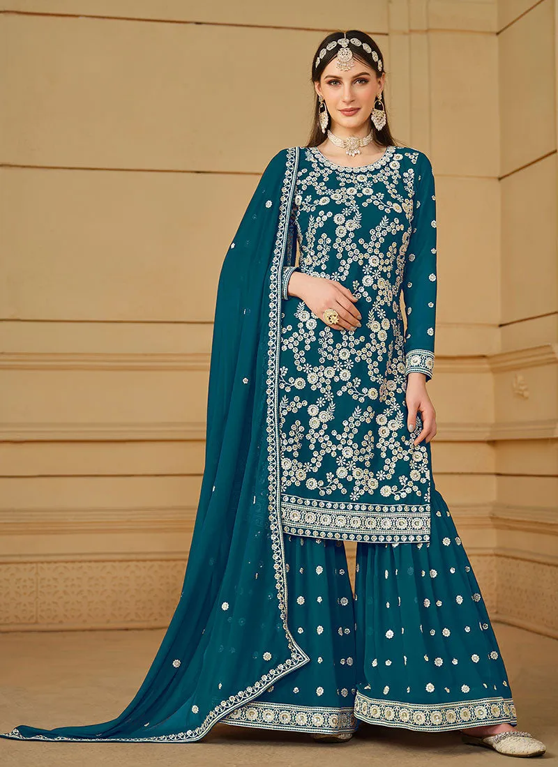 Turquoise Thread And Sequence Embroidery Gharara Suit