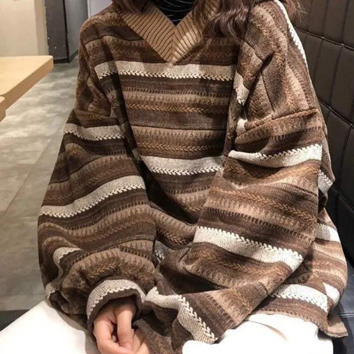 Wenkouban Knitted Sweaters Women Oversized V Neck Striped Pullover Vintage Sweater Autumn Winter Retro Warm Jumper Harajuku Loose Sweater 240924