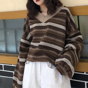 Wenkouban Knitted Sweaters Women Oversized V Neck Striped Pullover Vintage Sweater Autumn Winter Retro Warm Jumper Harajuku Loose Sweater 240924