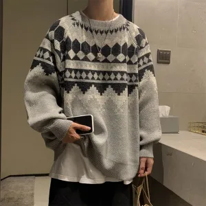 Wenkouban Vintage Winter Grandpa Sweater Men Casual O-Neck Jacquard Sweater Oversized Pullover Hip Hop Korean Harajuku Clothes Warm Jumper