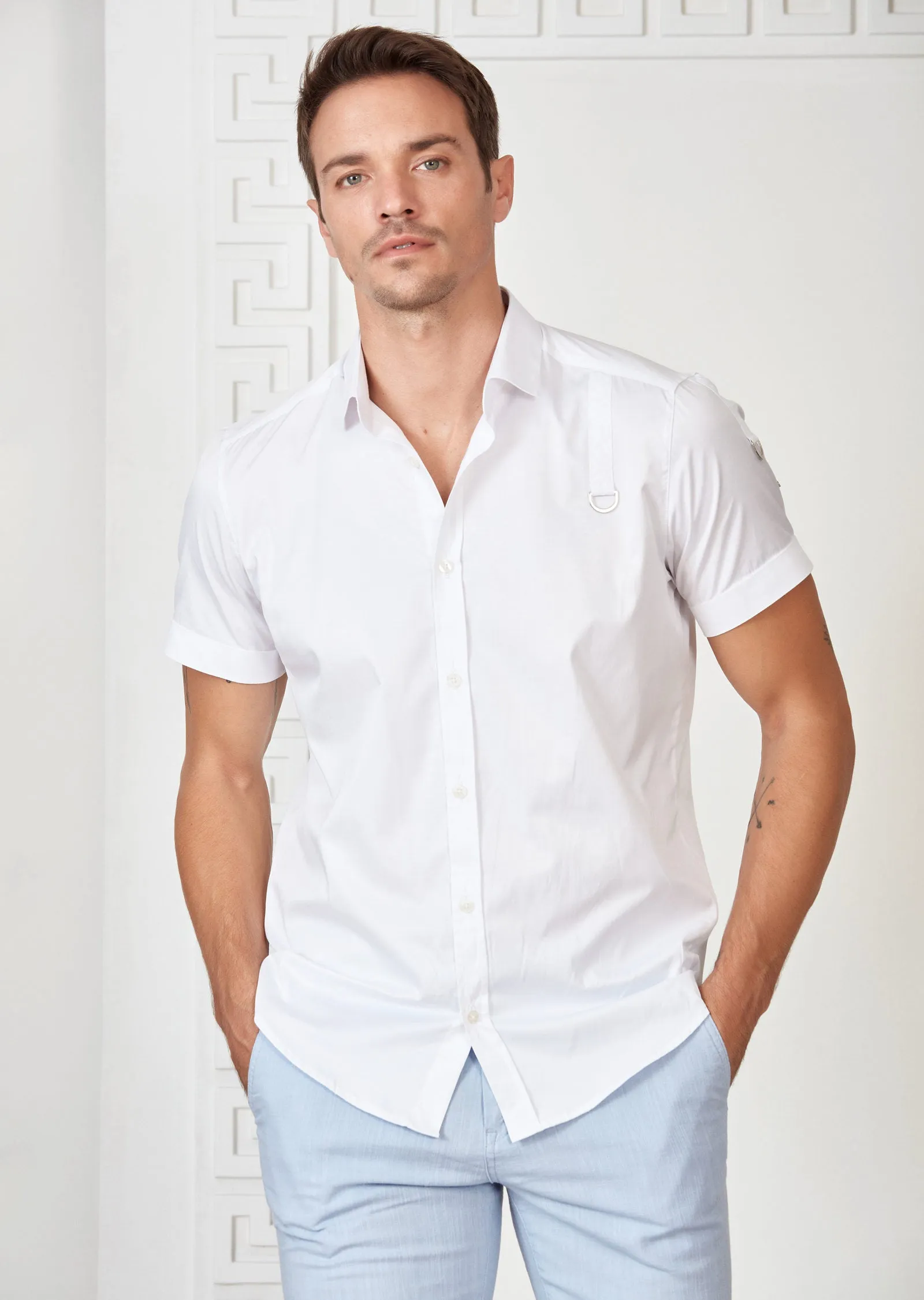 White Buckle Detailed Short Sleeve Shirt