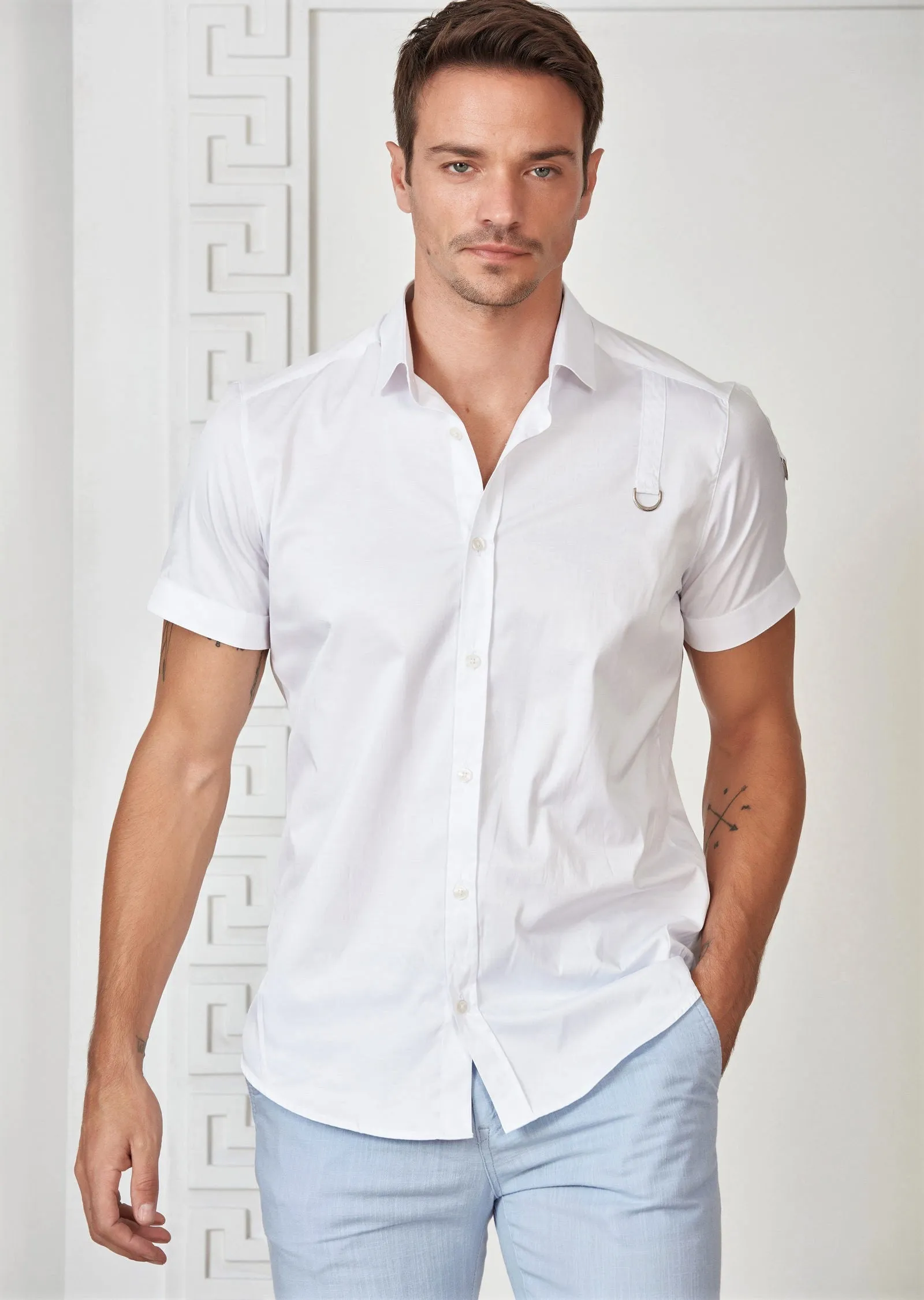 White Buckle Detailed Short Sleeve Shirt