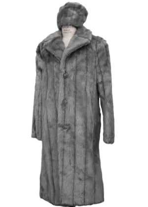 WINTER SPECIAL: FREE FUR HAT   Faux Mink Pelt Fur Coat Buttoned 1pc Long Zoot Suit - Grey