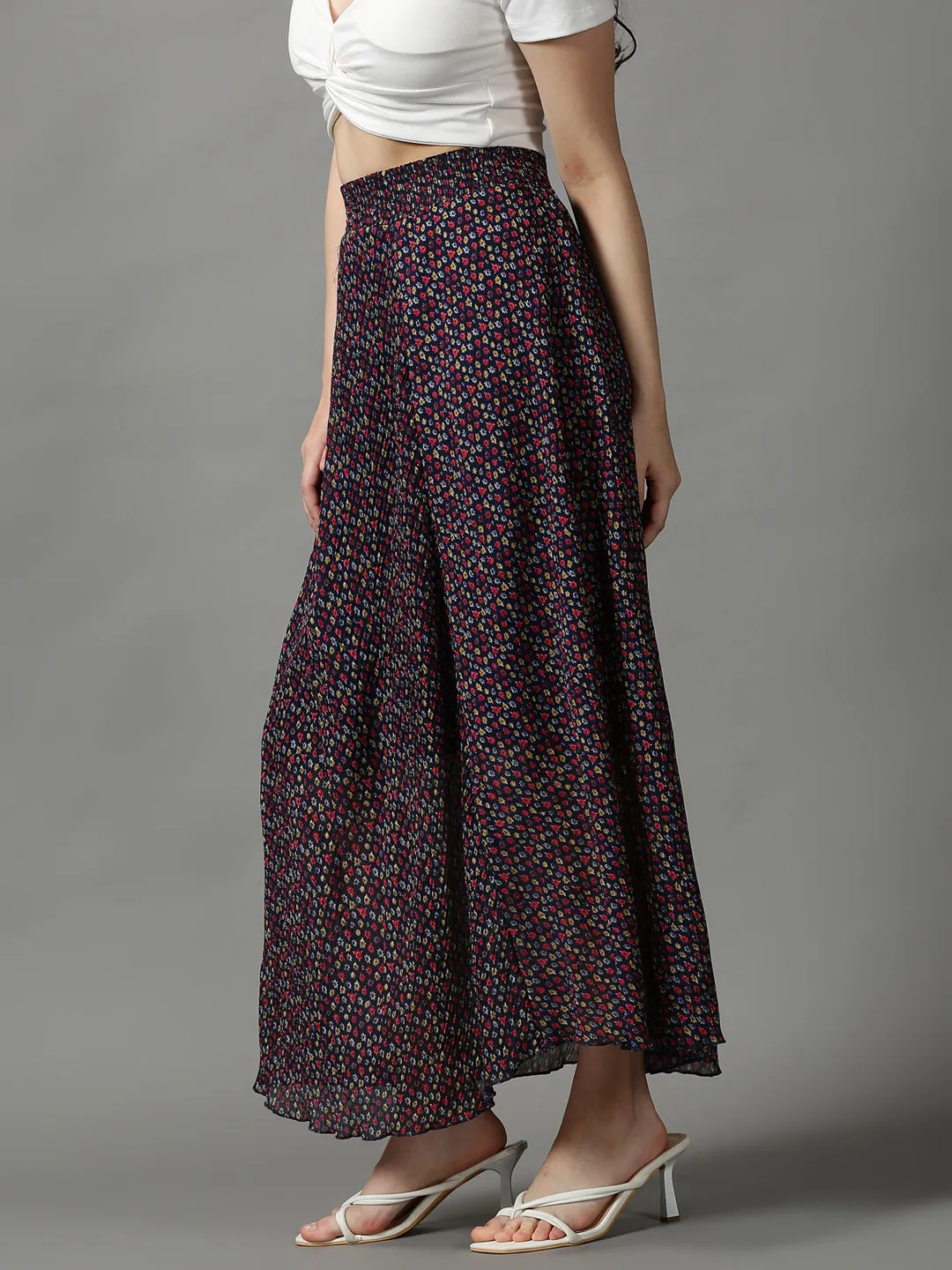 Women Floral Navy Blue Maxi Flared Skirts