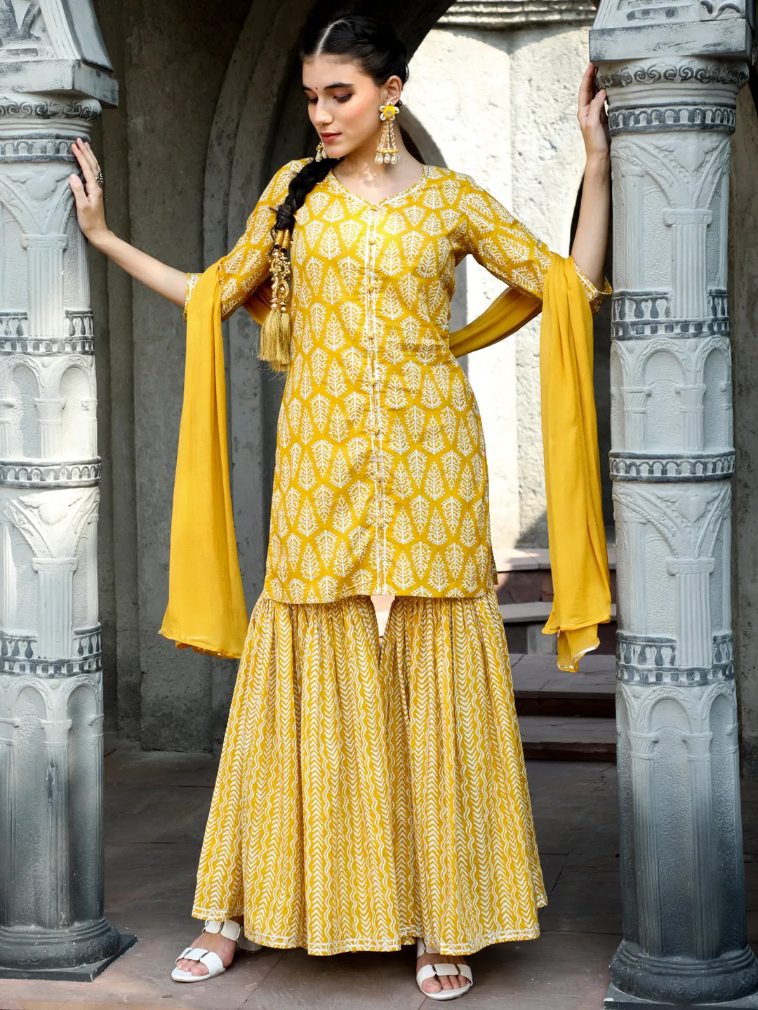 Yellow Ethnic Printed Straight Kurta With Sharara And Chiffon Dupatta