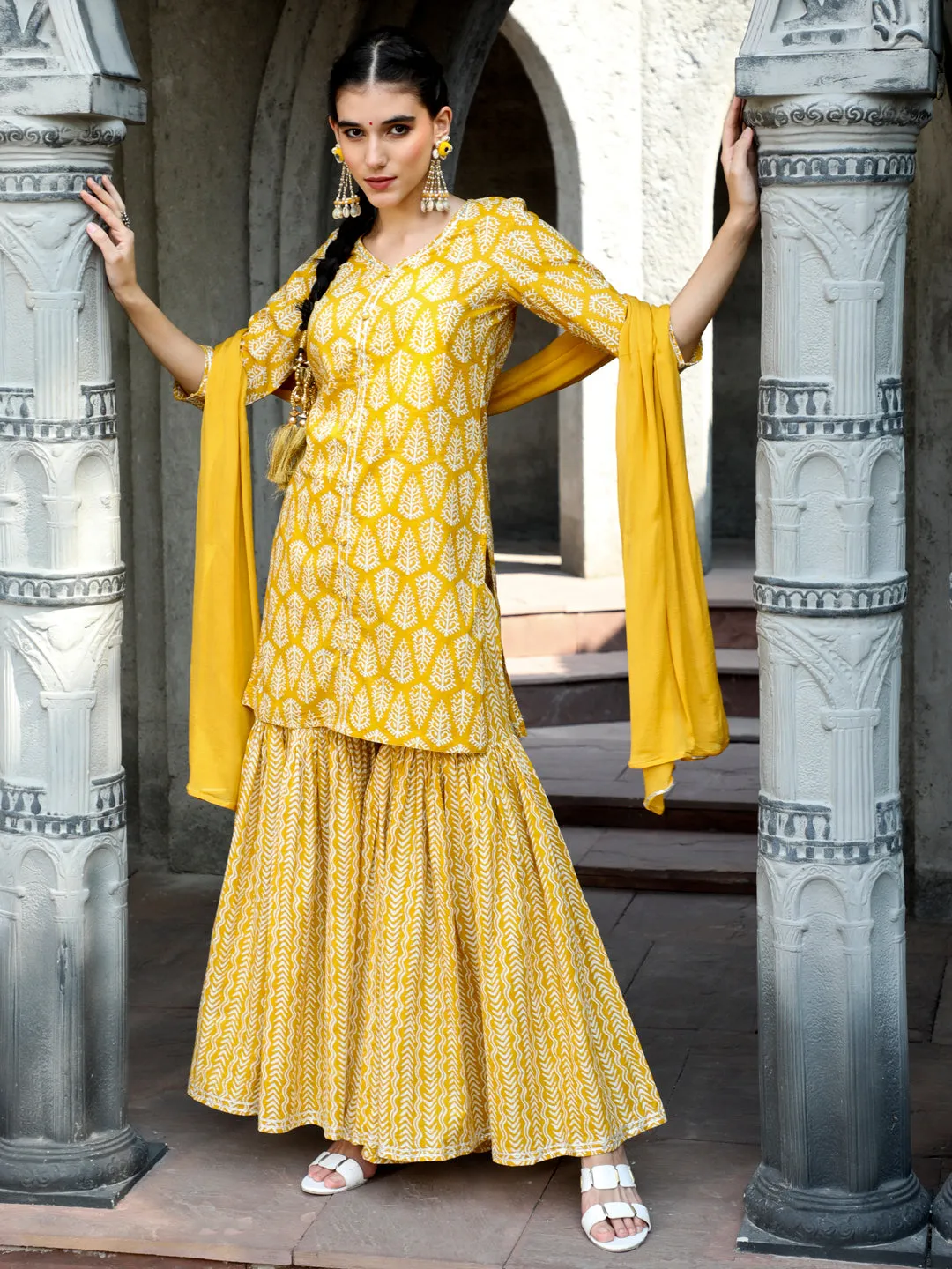 Yellow Ethnic Printed Straight Kurta With Sharara And Chiffon Dupatta