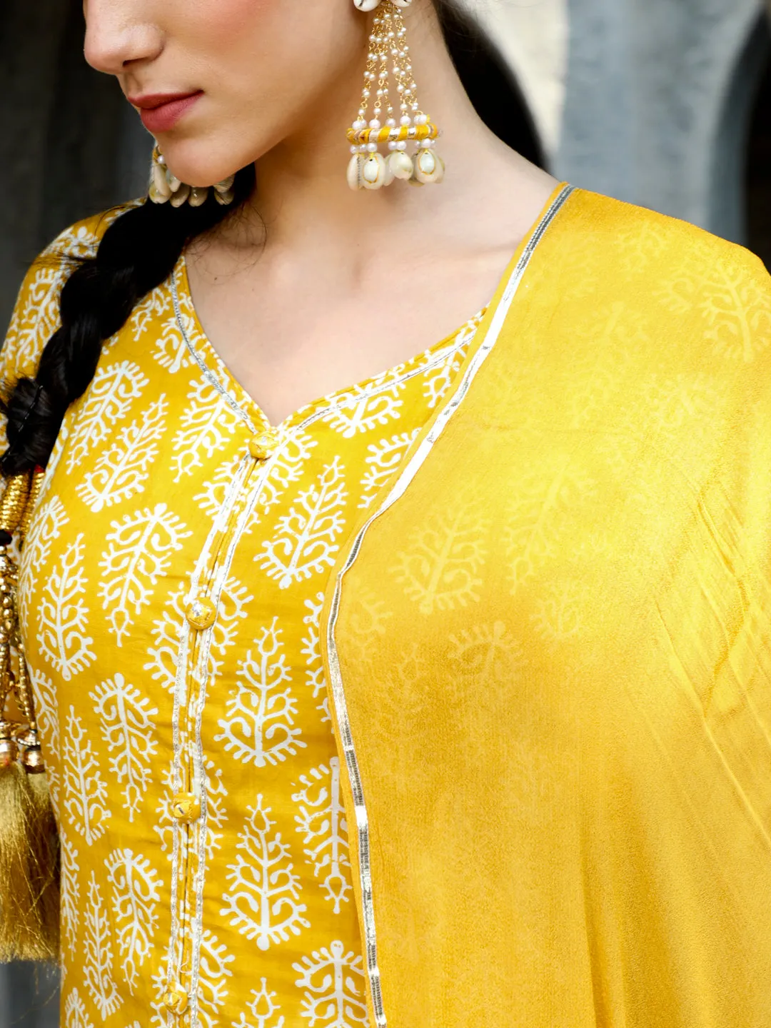 Yellow Ethnic Printed Straight Kurta With Sharara And Chiffon Dupatta